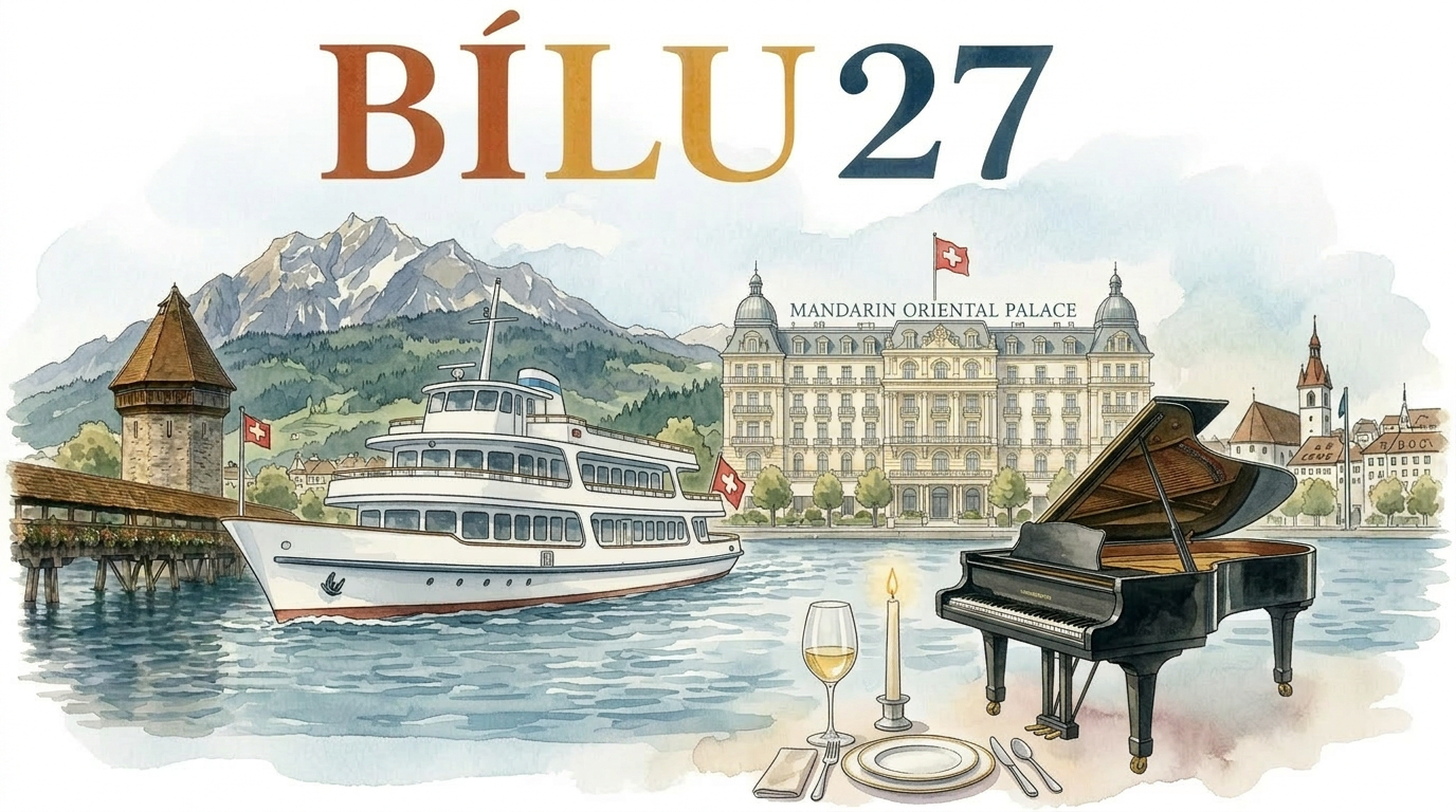 BÍLU27 Illustration: Luzern mit See, Pilatus, Kapellbrücke und Hotel
