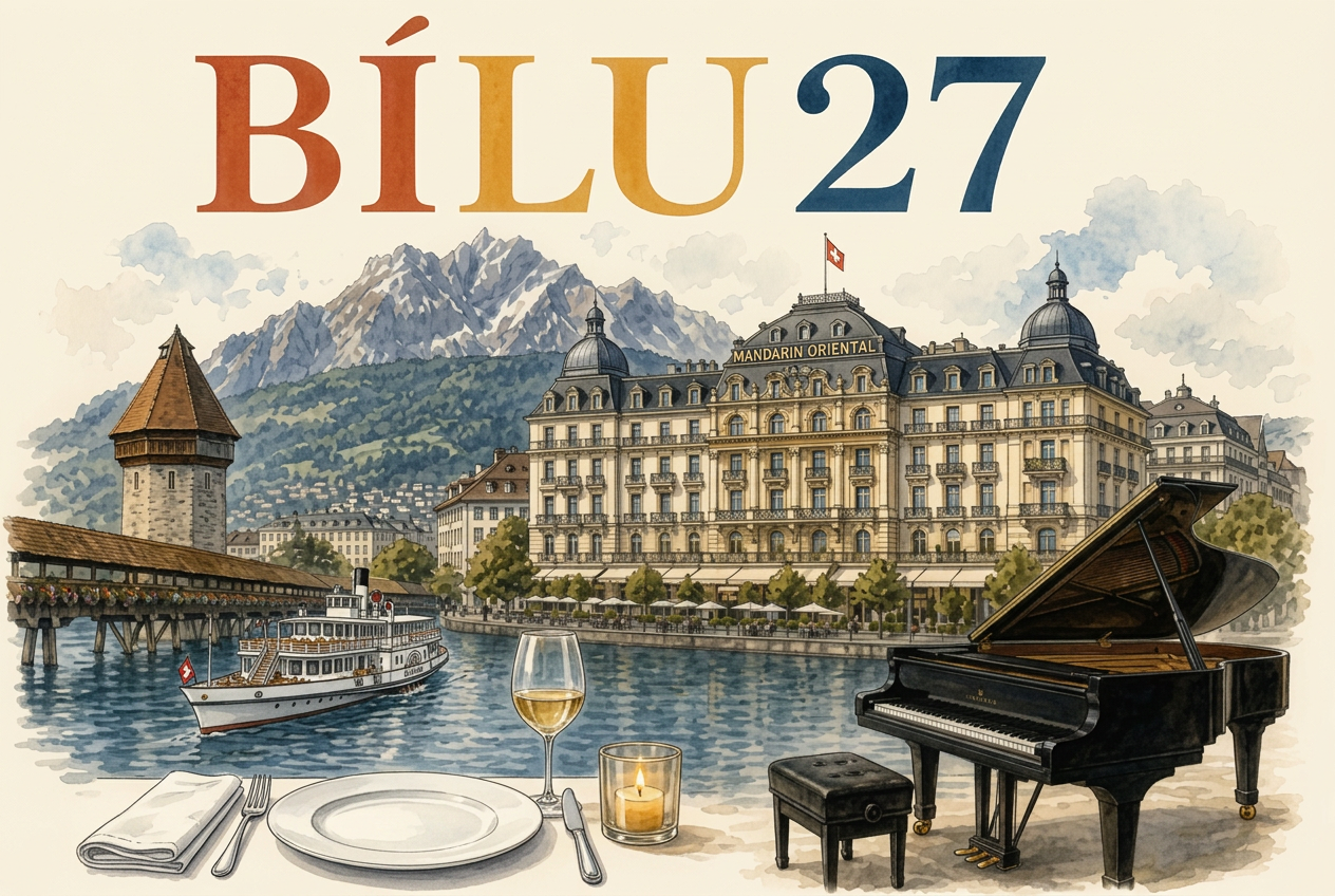 BÍLU27 Illustration: Luzern mit See, Pilatus, Kapellbrücke und Hotel