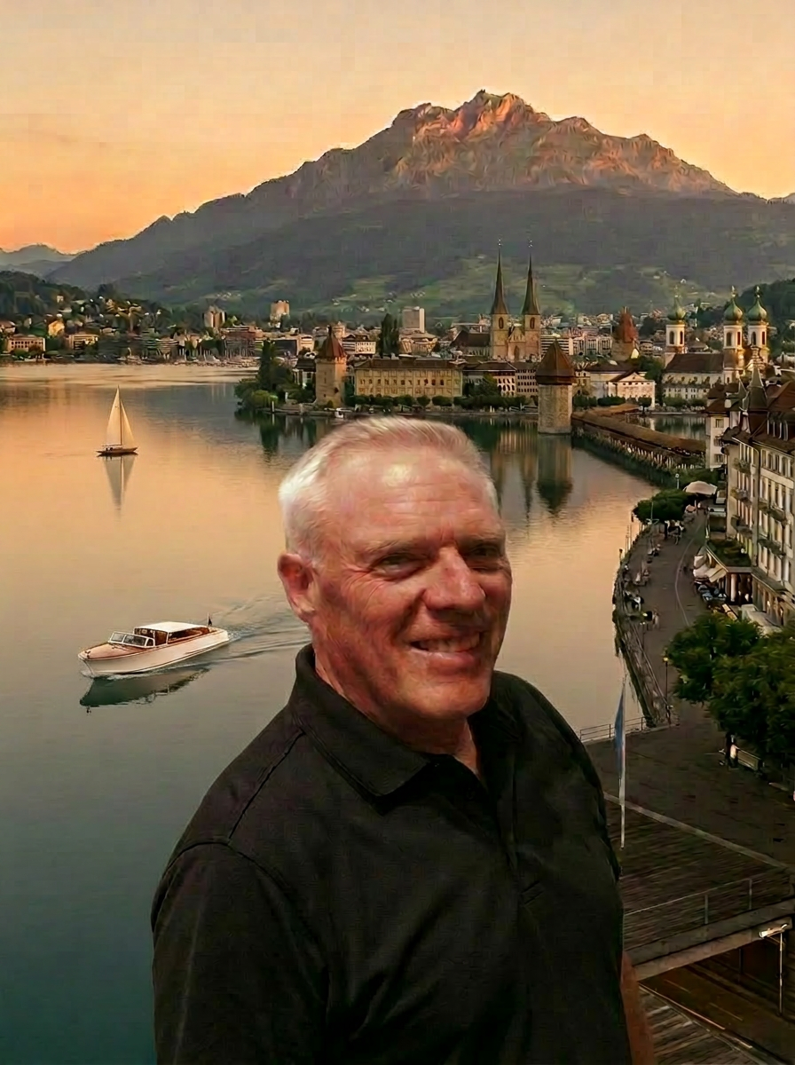 Robert Bider lacht vor See und Bergen